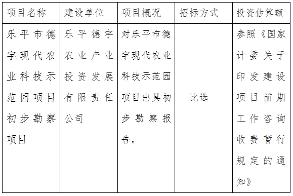 樂平德宇公司現(xiàn)代農業(yè)科技示范園項目初步勘察項目計劃公告