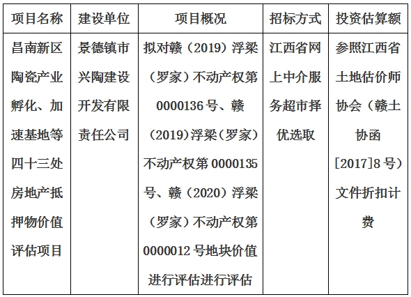 昌南新區(qū)陶瓷產(chǎn)業(yè)孵化、加速基地等四十三處房地產(chǎn)抵押物價(jià)值評(píng)估單位選取計(jì)劃公告